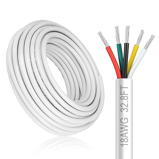 18 Gauge 5 Conductor Electrical Wire, 32.8FT White Stranded Low Voltage 18/5 Cable, PVC Case, Tinned Copper for LED Strips, Lamp Lighting, Automotive