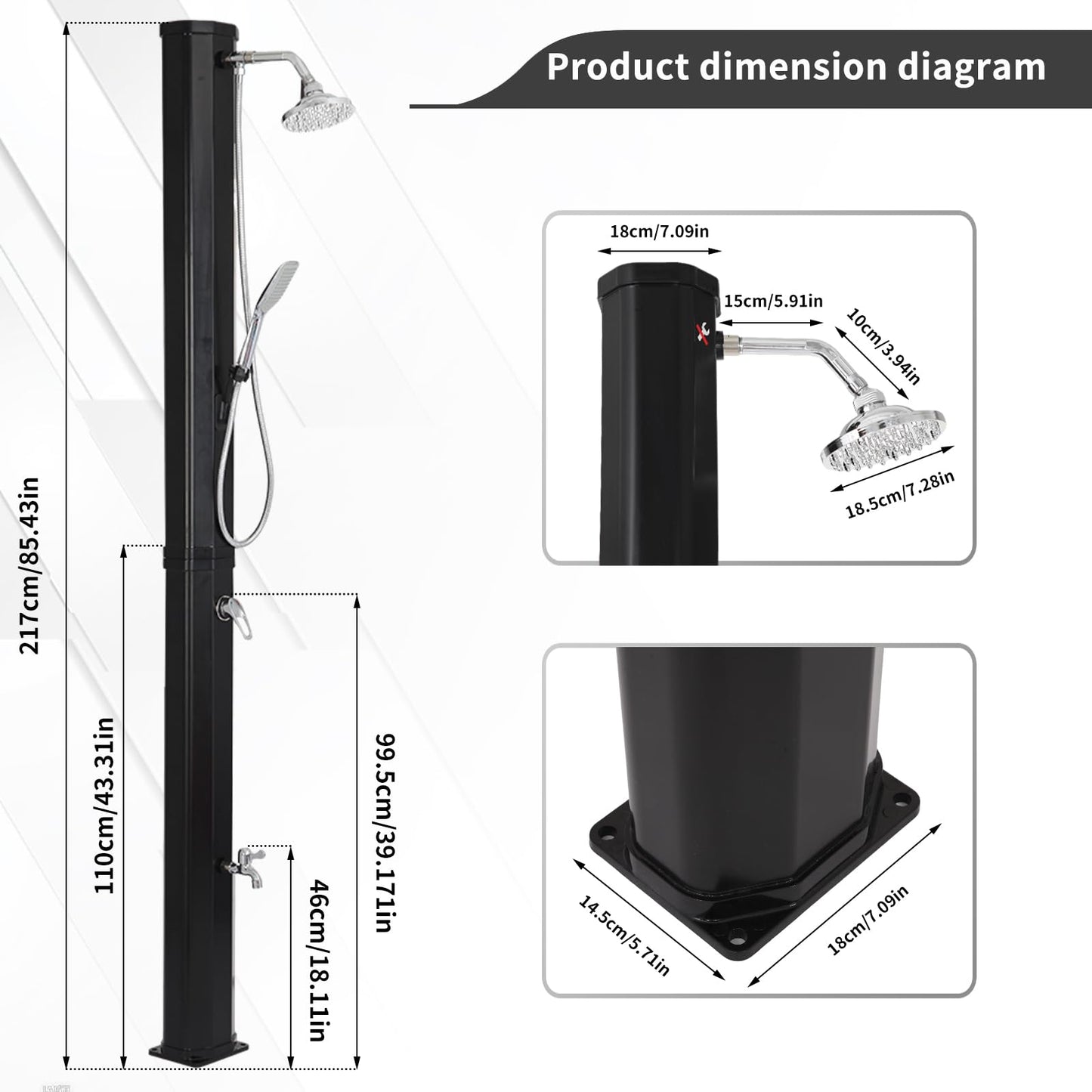 9.3 Gallon Solar Heated Outdoor Shower, 7.2FT Height, 360°Rotating Rainfall + 6FT Handheld Shower + Foot Faucet, Freestanding Black Poolside Shower with Hot & Cold Water Adjustment