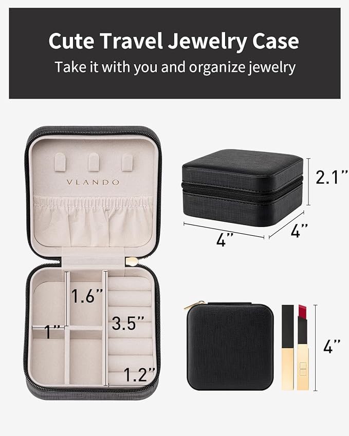 VLANDO Travel Jewelry Box, Small Jewelry Travel Organizer Case for Girls Women - Black