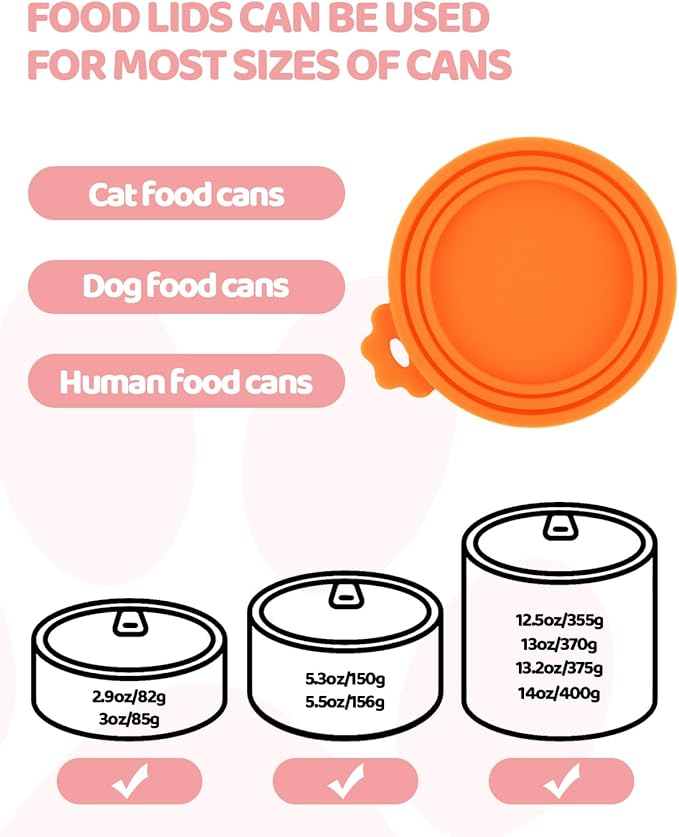 5 PCS Cat Food Can Covers Lids Set, Silicone Pet Food Can Lids with Multi-Function Cat Food Spoon and Opener, Cat Bar Squeezer, Stainless Steel Wet Food Spoon for Cats and Dogs (Orange)