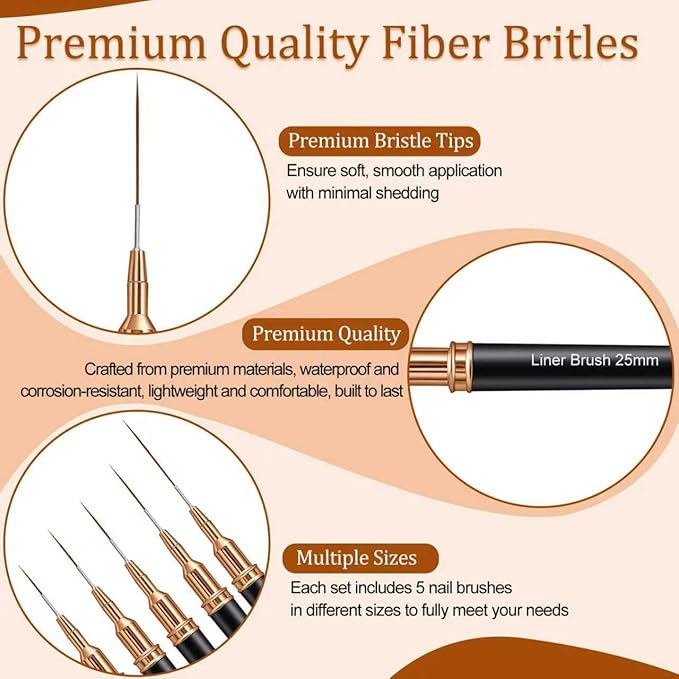 7PCS Metallic Nail Art Brushes Set, 7/9/11/15/25mm Liner Brush For Nails Gel, Super Fine Painting Art Design Pen for Long-Line Patterns, Detailed Outlines, Geometric Shapes (Black)