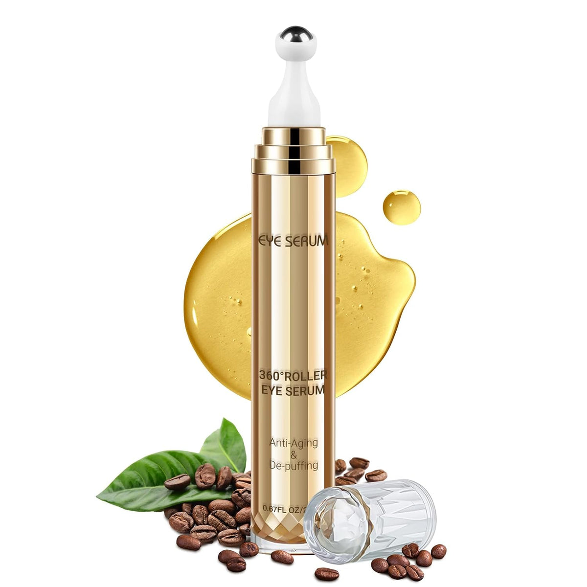 Caffeine Eye Serum, 0.67 Fl. Oz. Under Eye Cream for Dark Circles and Puffiness Eye Care Eye Serum Anti Aging with 360Â° Massage Ball Reduce Eye Bags, Wrinkles and Fine Lines