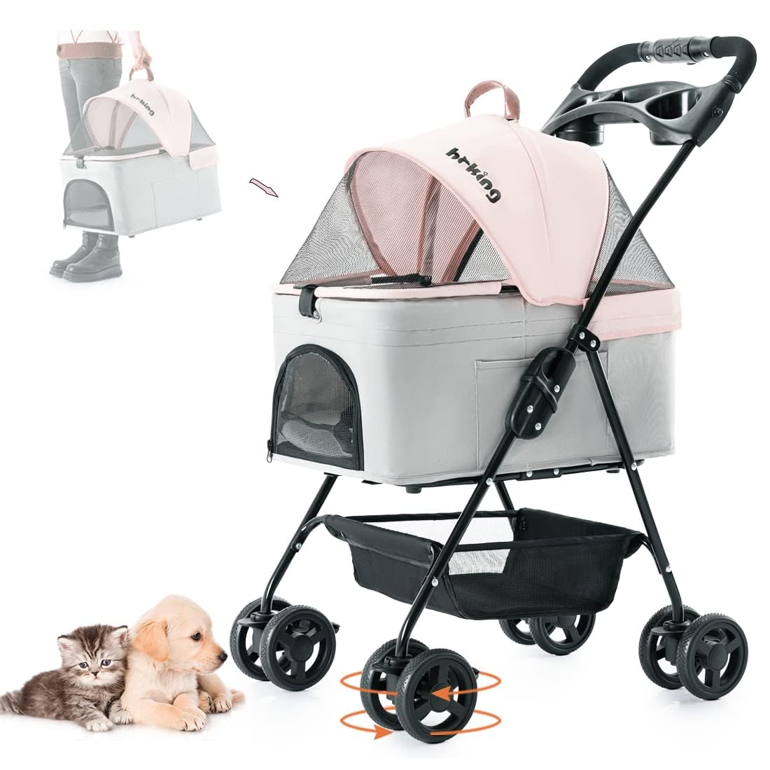 LPOTIUS 3-in-1 Pet Stroller for Small Dogs and Cats, Folding Lightweight Dog Stroller with Detachable Carrier Portable Cat Puppy Jogging Stroller with Cup Holder and Storage Basket, 4 Wheels