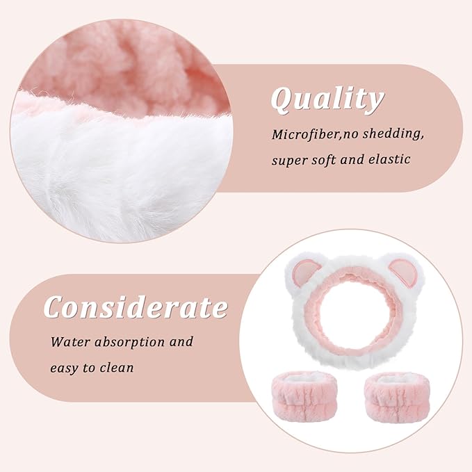 3Pcs Face Wash Headband with Wrist Towels, Soft Elastic Bear Ears Spa Headband Face Wash Hair Band Wristband Makeup Headbands for Women Skincare Bath Shower