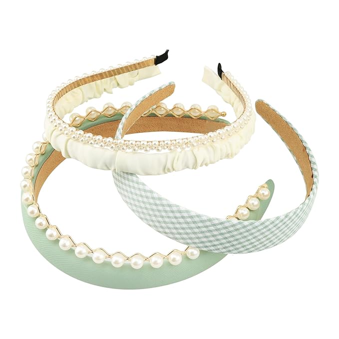 Fashion Headbands for Women Girls Headbands Set, 5pcs Pearl Headband Floral Head bands Padded Headbands for Women Vintage Wide Headband (Green)