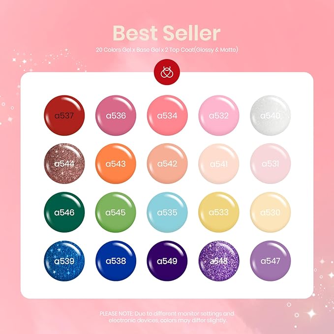 beetles Gel Polish Set, 23pcs Rainbow Gel Nail Polish Pink Orange Green Red Glitter Color with Base Glossy and Matte Top Coat Manicure Kit Shoujo Manga Soak Off Uv Led Gifts for Women