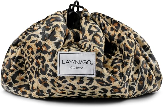 Lay-n-Go Cosmo Layflat Drawstring Cosmetic & Makeup Bag Organizer w/Zipper Pocket, Brush Loops & More, Cinch to Close, Lay Flat to Use, Durable, Machine Wash, Travel Toiletry Bag (20", Leopard)