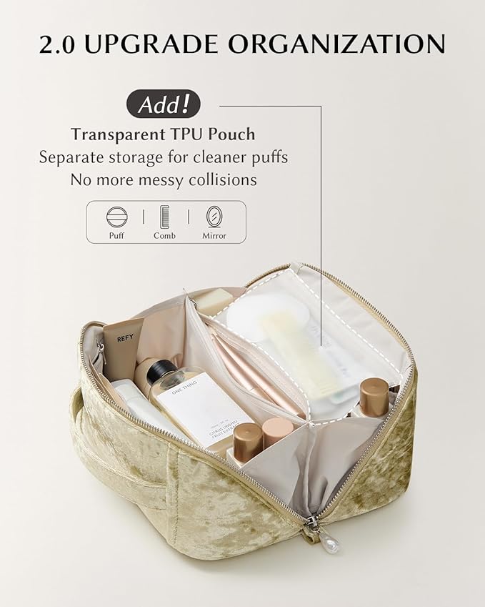 EACHY Travel Makeup Bag, Large Capacity Cosmetic Bag for Women, Waterproof PU Leather, Flat Open Portable Toiletry Bag for Skincare, Brushes & Travel Essentials