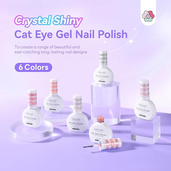 SAVILAND Color Artistry Cat Eye Gel Nail Polish 6 Colors: Crystal Shiny Gel Nail Polish Shimmer Glitter Rainbow Magnetic Glitter Cat Eye with Magnet Stick Soak Off U V Lamp Manicure Nail Art