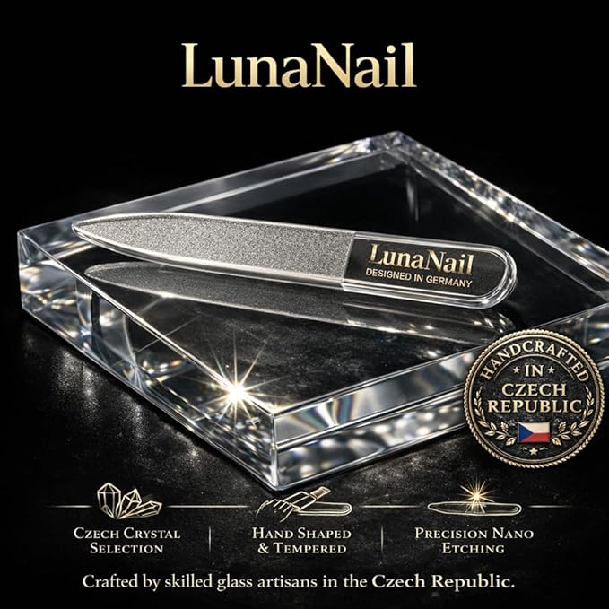 Nano Czech Glass Nail File & Buffer 2-in-1, Velvet Case, Crystal Polisher, Mirror-Shine, Keratin-Sealing, Travel Friendly