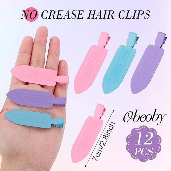 Obeoby 12-Pack No Crease Hair Clips, No Bend Hair Clip for Styling & Makeup, 2.76 Inch Metal Barrettes for Women Girls - Secure Bangs, Manage Stray Hair, Salon & Everyday Use (blue, pink, purple)