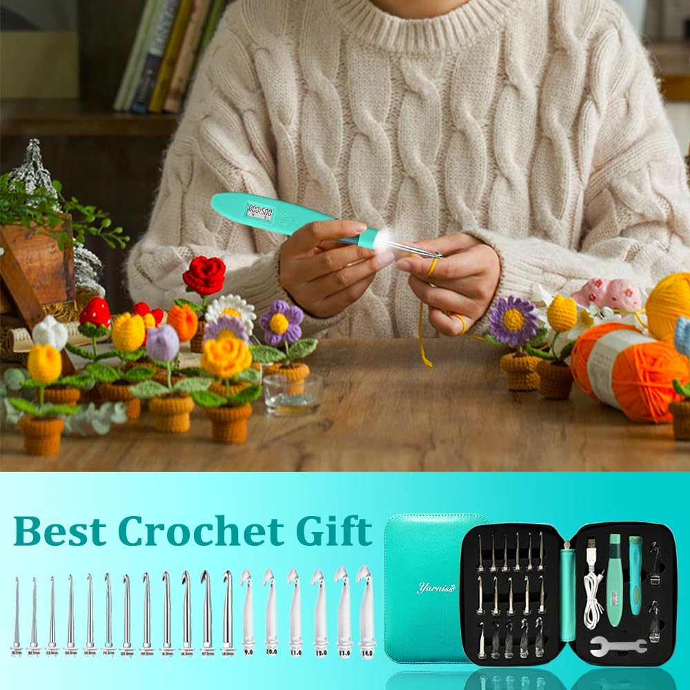 Yarniss 18 Size Counting Crochet Hooks with Light, Digital Counter Crochet Hooks Set with Case (2.0mm~14.0mm)
