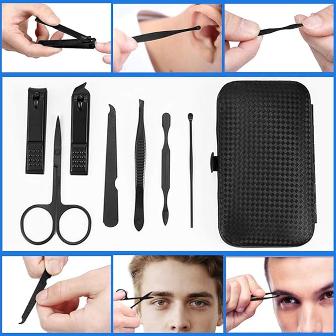 QURIPE 7pcs Manicure Set, Nail Clippers Kit, Stainless Steel Manicure Kit, Nail Clipping Tools Portable Travel Grooming Kit, The Best Gift with Luxurious Case (Black-7)