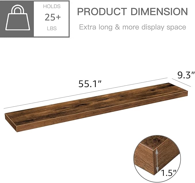 QEEIG Floating Shelves for Wall 55.1" Extra Long - Wall Shelf Bathroom Kitchen Living Room Bedroom Farmhouse Home Decor Display Bookshelf Large 55.1 x 9.3 inch Set of 2, Rustic Brown (008-140BN)