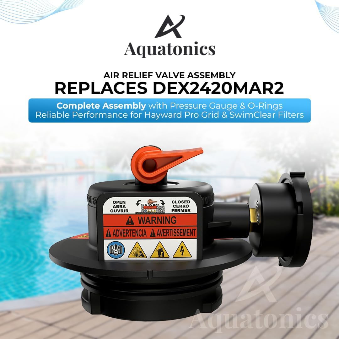 Aquatonics Replacement DEX2420MAR2 Manual Air Relief Valve Assembly with Pressure Gauge and O-Rings - Compatible with Hayward Pro Grid DE Filters, SwimClear Cartridge Filters - 1 Year Warranty