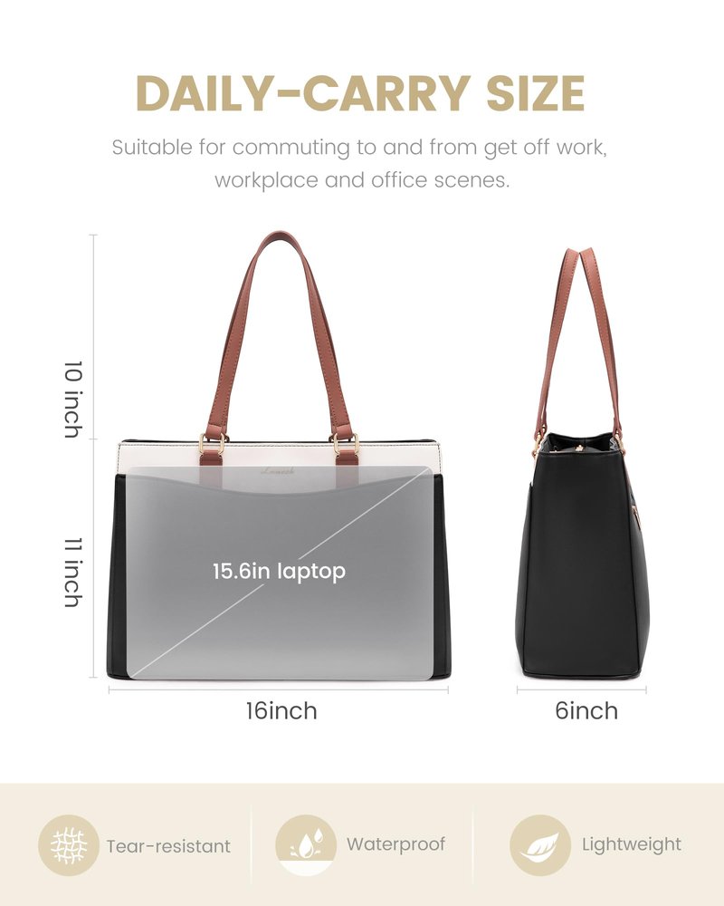 LOVEVOOK Laptop Tote Bag for Women, Work Bags Teacher Tote Bag, Waterproof Leather Computer Bag, Business Laptop Purse Office Handbag Professional Briefcase, Black-Beige-Brown, 15.6 Inch