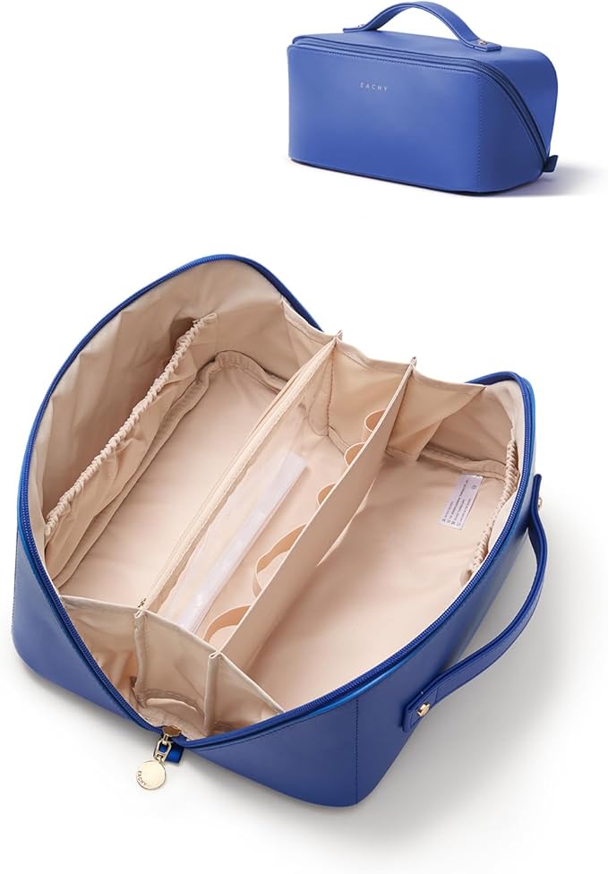 EACHY Travel Makeup Bag, Large Capacity Cosmetic Bag for Women, Waterproof PU Leather, Flat Open Portable Toiletry Bag for Skincare, Brushes & Travel Essentials