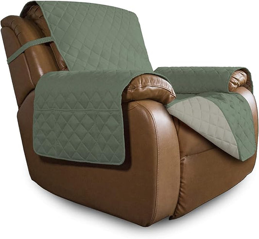 Easy-Going Oversized Recliner Cover Reversible Couch Cover Sofa Cover for Living Room Water Resistant Furniture Protector with Elastic Straps for Pets Kids (Oversized Recliner, Greyish Green/Beige)