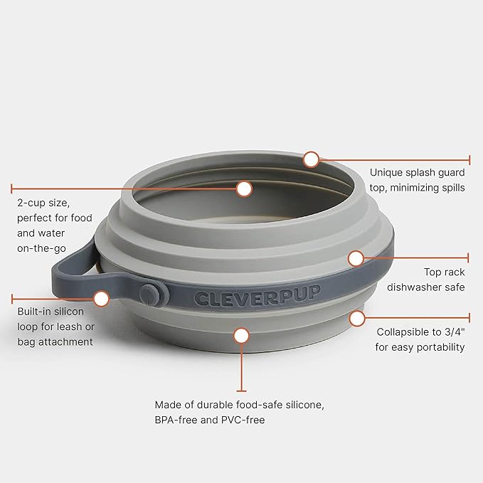Cleverpup Nomad Small Collapsible Travel Dog Bowl - 2 Cup BPA-Free Silicone for Small & Medium Dogs, Portable & Sturdy, Food & Water, Dishwasher Safe - Grey