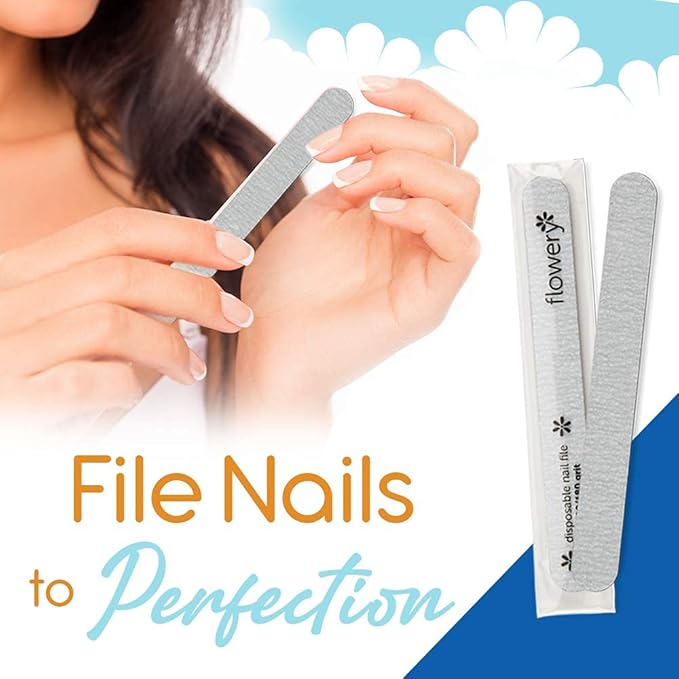 Flowery Nail File 100/180 Grit Ã¢ÂÂ Double-Sided Emery Boards Nail File for Natural Nails and Acrylic Nails, Cushion Core, Silver, 100 Pack