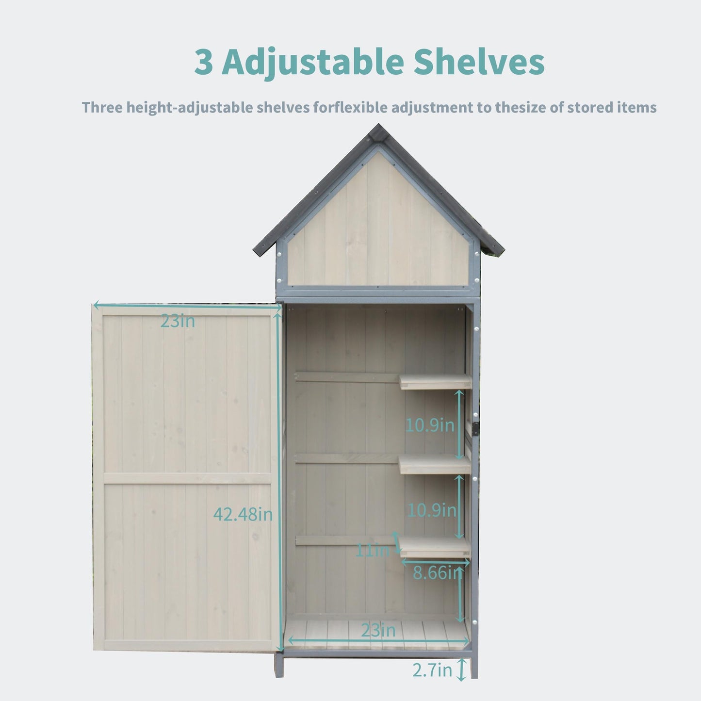 Outdoor Storage Shed with Floor, 68" Tall Wooden Garden Tool Cabinet, Metal-Framed Outdoor Tool Shed with Adjustable Shelves, Vertical Storage for Yard and Patio