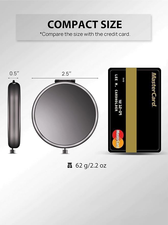 Compact Mirror Bulk, Pack of 6 Double-Sided 1X/2X Magnifying Metal Makeup Mirrors(Round, Onyx Black)
