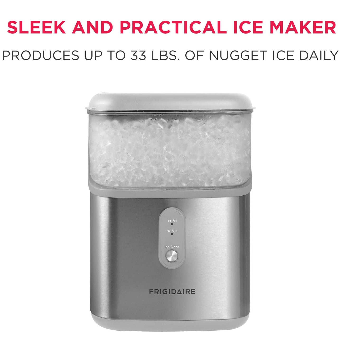 Frigidaire Countertop Crunchy Chewable Nugget Ice Maker, Compact, 33lbs per Day, Metallic Finish