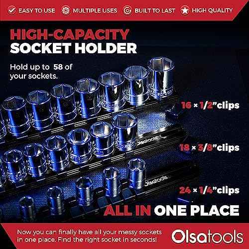 Olsa Tools Socket Organizer Set (3pc, Black) - Socket Holder and Socket Rail for 1/2-Inch, 3/8-Inch, and 1/4-Inch Drive Sockets - Holds 58 Chrome or Impact Sockets - Professional-Grade - Part: 1023