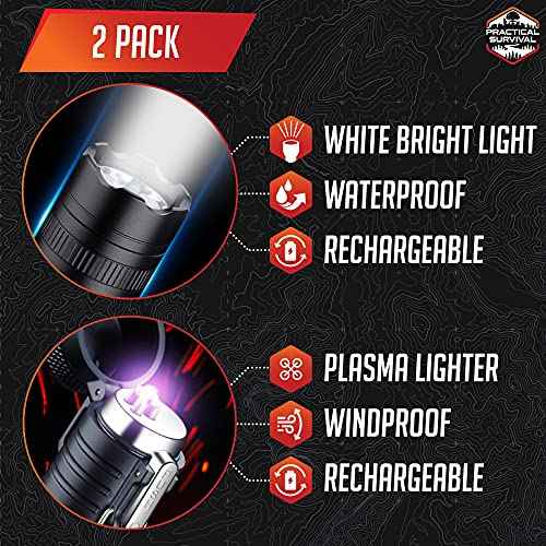 LED Emergency Tactical Flashlight Plasma Lighter Combo, 2-Pack, Water Resistant, Wind Resistant, Rechargeable, Compact, 2-in-1 Tool, Tactical Black