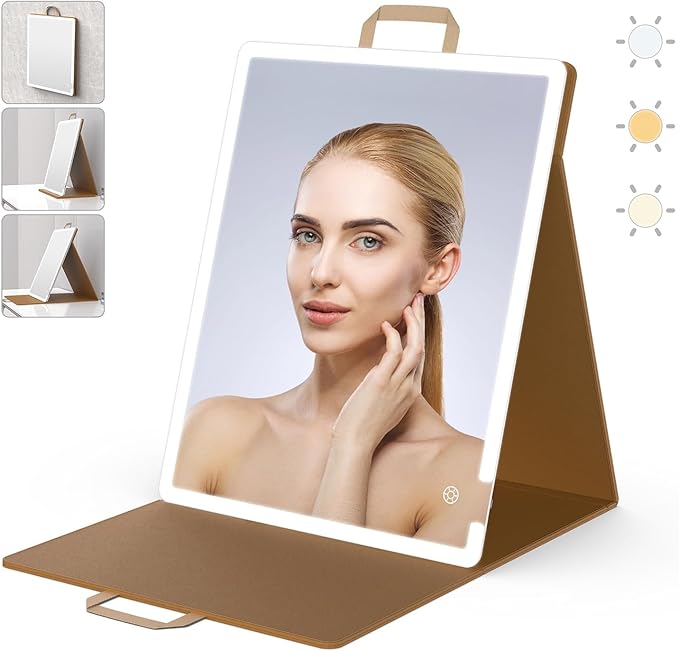 WEILY Large-Sized Makeup Mirror with 72 LED Lights, Touch Screen Three Colors Dimmable Lighted Makeup Mirror, 2000 mAh USB Rechargeable Lighted Vanity Mirror,Compact Travel Mirror (Khaki)