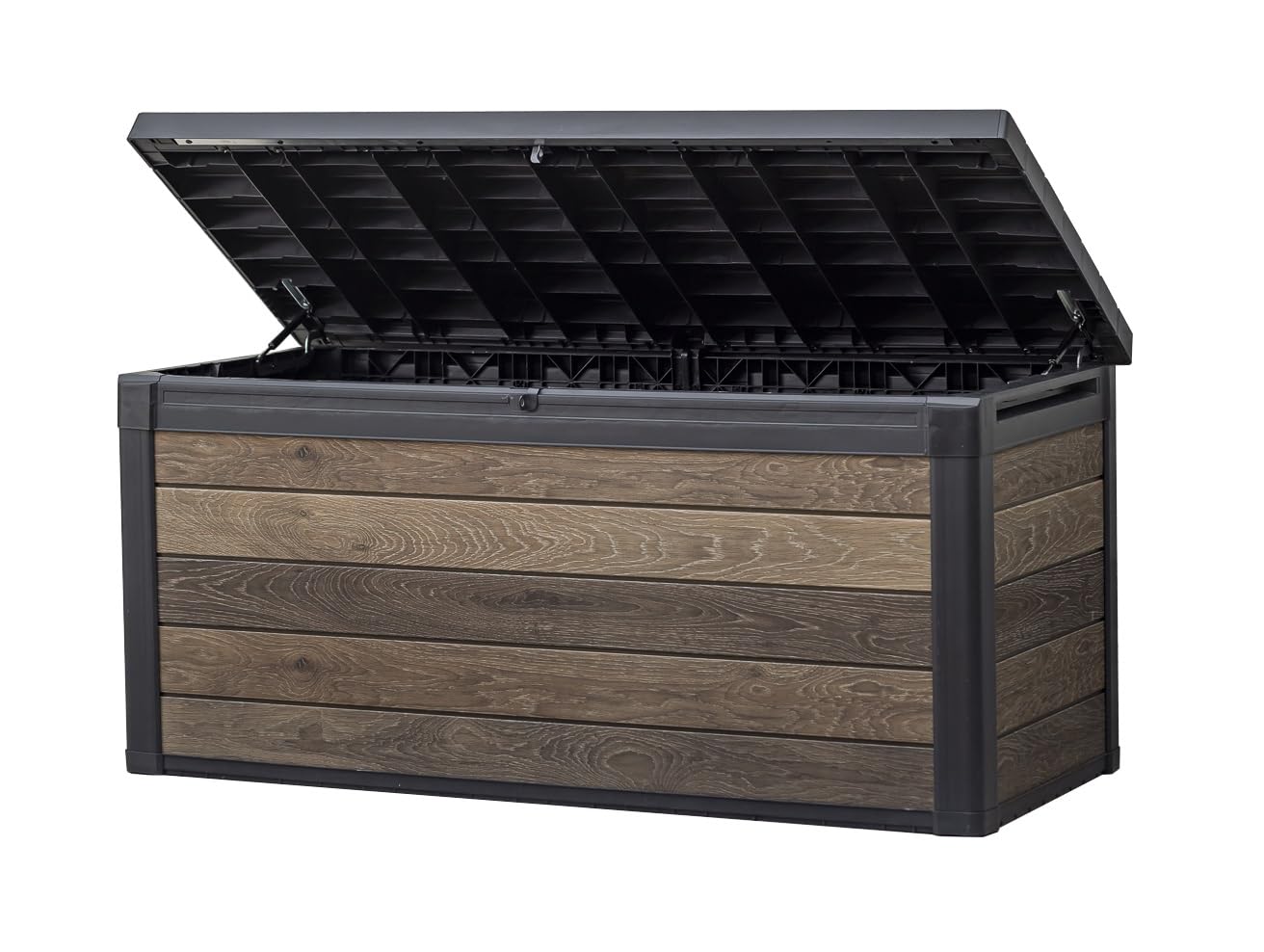 Keter Signature Collection 150 Gallon Resin Deck Box Organization and Storage Box for Patio Outdoor Cushions, Throw Pillows, Garden Tools and Pool Supplies, Walnut