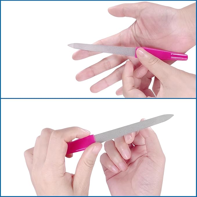 Metal Nail Files with Sharp Pointed Tip Made of Stainless Steel Non Slip Handle, Nail File Double Sided Sapphire Grit for Natural Nails Fingernails limas de uÃÂ±as metÃÂ¡licas Color Pink (6 Pcs)