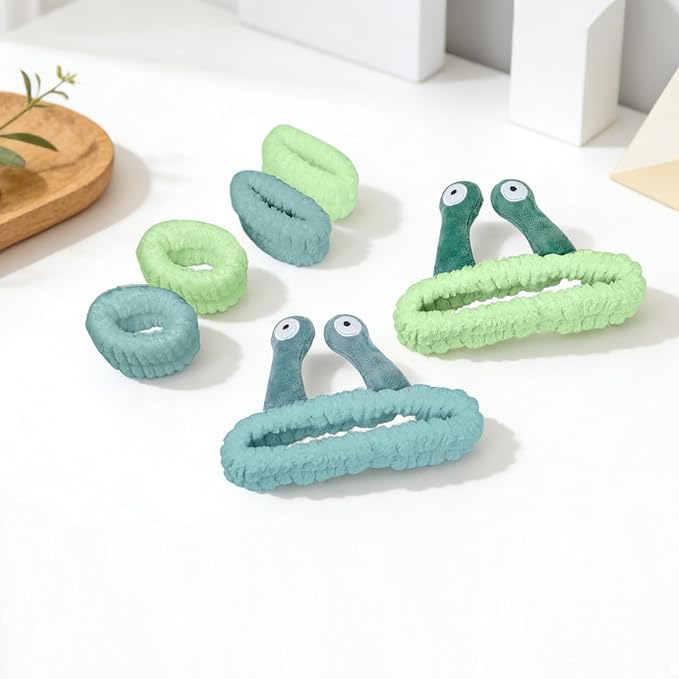 Snail Face Wash Headband Skincare & Wrist Bands for Washing Face Set Cute Spa Headband for Women and Wrist Faces Wash Bands for Shower, Facial Cleaning, Soft Coral Fleece Makeup Headbands,Green
