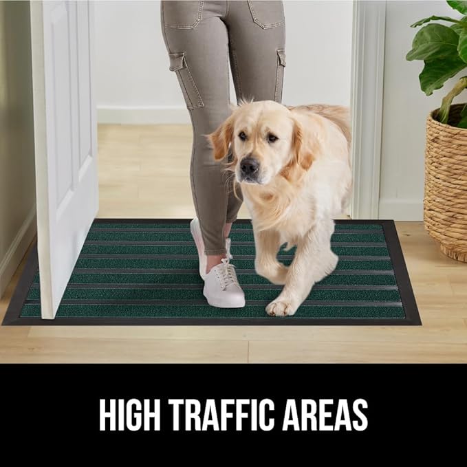 GORILLA GRIP 100% Waterproof All-Season WeatherMAX Doormat US Designed Natural Rubber, Stain and Fade Resistant, Low Profile Indoor Outdoor Door Mats, Easy Clean Patio Mat, 17x29, Green Stripe