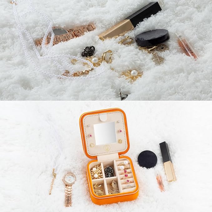 Plush Velvet Travel Jewelry Case, Travel Jewelry Organizer, Jewelry Travel Case, Travel Jewelry Box, Small Jewelry Case, Jewelry Travel Box, Earring Organizer with Mirror - Orange
