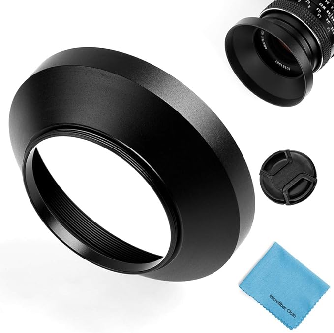 52mm Wide Angle Lens Hood,Universal Metal Lens Hood Sunshade with Centre Pinch Lens Cap for Canon Nikon Sony Pentax Olympus Fuji Camera +Microfiber Cleaning Cloth
