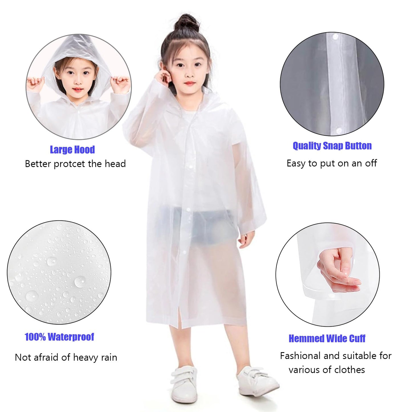 AIDEGER EVA Rain Ponchos for Kids, 2 Pack Reusable Raincoats with Hoods and Sleeves Lightweight Rain Jacket (White-2Pack)