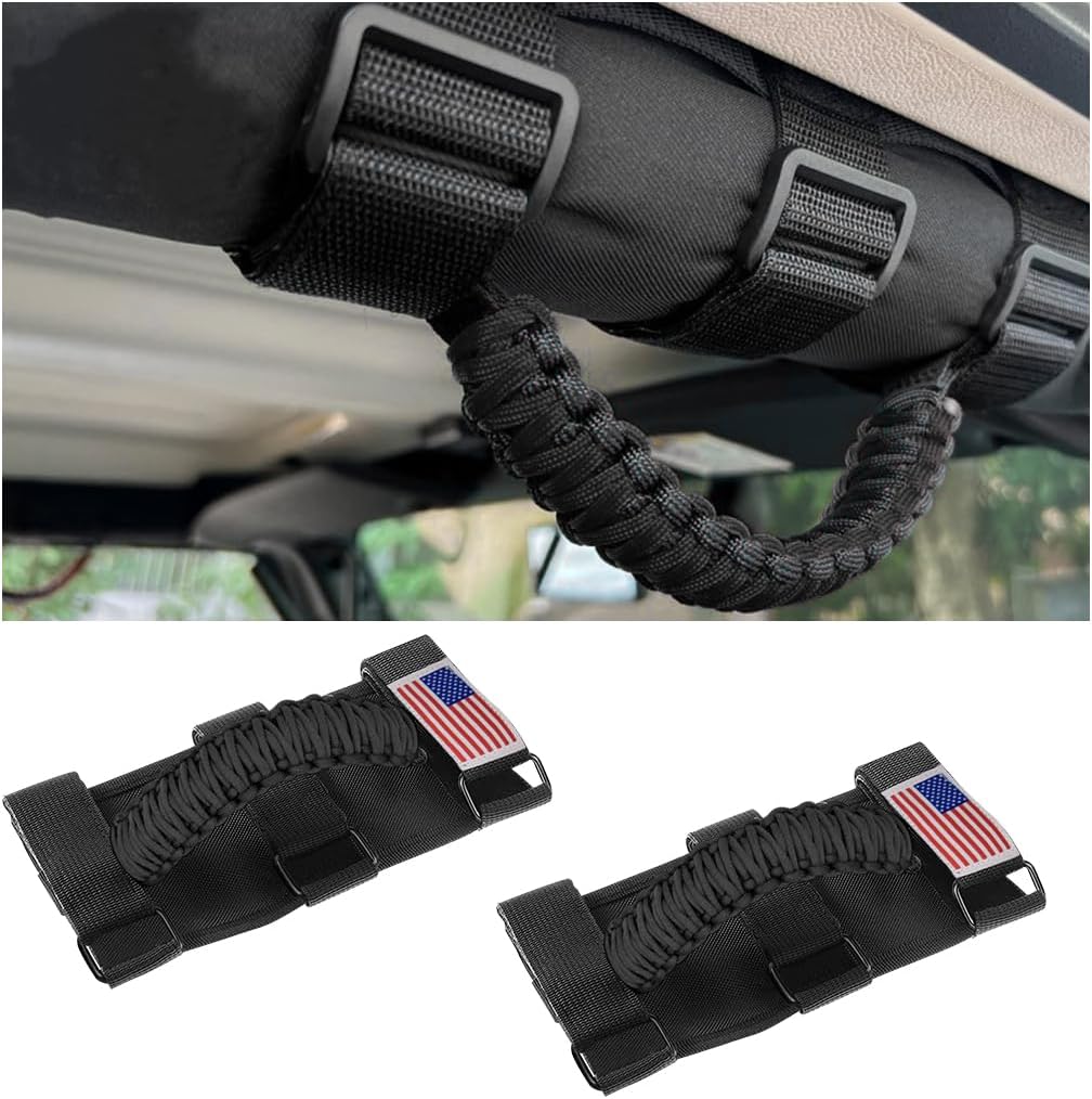 HZEL 2PCS Roll Bar Grab Handles, Oxford Cloth Upgrade Metal Buckle Paracord Grip Handles, Durable and Strong Car Accessories, Compatible with Wrangler JL, JLU, JT, JK, JKU, TJ, LJ and YJ (Black)