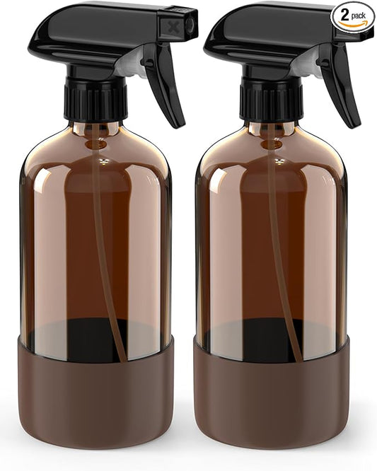 Bontip Glass Spray Bottle with Silicone Sleeve Protection, Amber Glass Spray Bottle Set for Window Cleaner Aromatherapy Facial Hydration Watering Flowers Hair Care 2 Pack/16 oz (Brown, 16 oz)