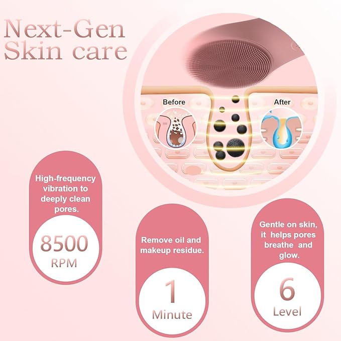 LZP Silicone Face Scrubber, Electric Facial Cleansing Brush with 6 Speeds Vibration Technology, Rechargeable & Waterproof Exfoliating Scrub Brush for Cleansing and Massaging, Men Women