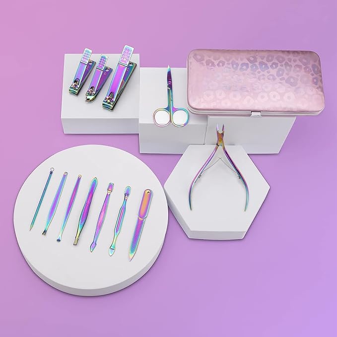ANRUI Manicure Set Nail Clippers Pedicure Kit - 12pcs Stainless Steel Nail Kit, Colorful Professional Nail Care Kit Nail Files & Scissors Tools for Hands Foot Facial - Pink
