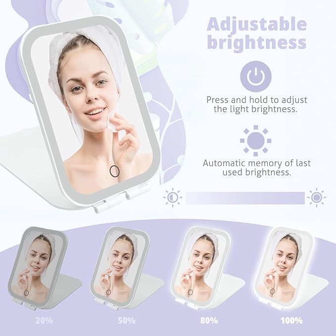 Travel Makeup Mirror, Portable Mirror with 3 Adjustable Light Settings, USB-Rechargeable Vanity Mirror with Lights，Gift for Women and Girls