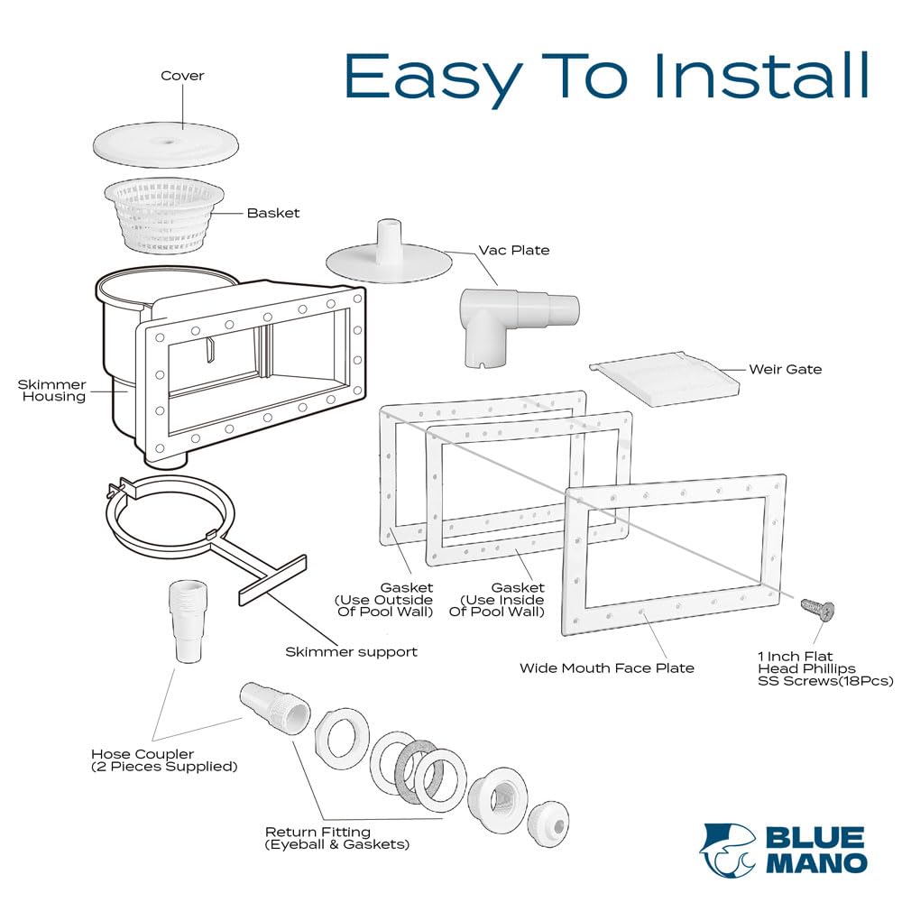 Blue Mano Wide Mouth Above Ground Pool Skimmer Complete Kit, Replacement for SP1091WM Dyna-Skim, 45-430, 32192, Opening Width 14" Fits for All Wide Standard Pool Wall