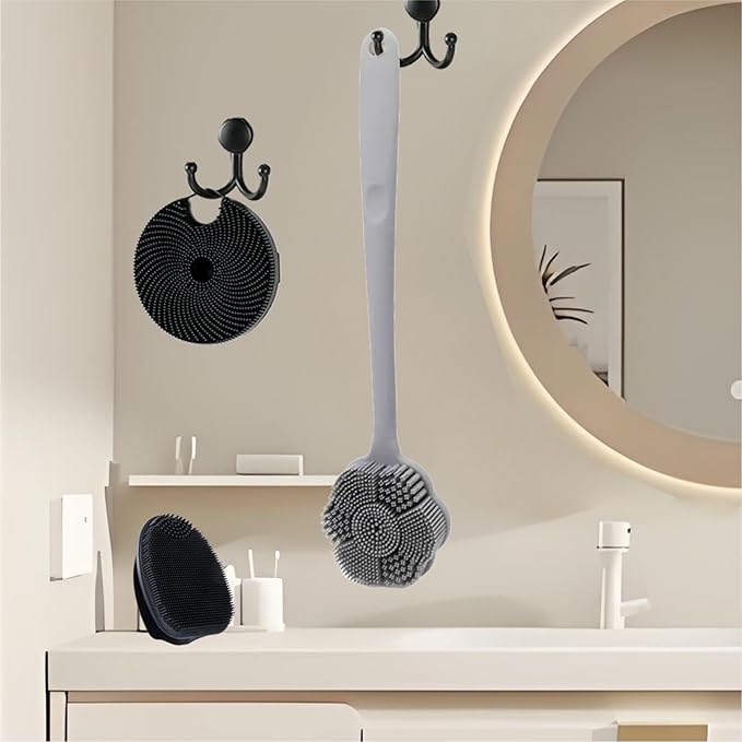 Back Body Scrubber & Face Scrubber for Shower - 15 Inch Long Handle Double Sided Silicone Body Brush for Exfoliation & Massage, Soft Facial Cleansing Brush, Rich Lathering for Deep Cleansing (Gray)