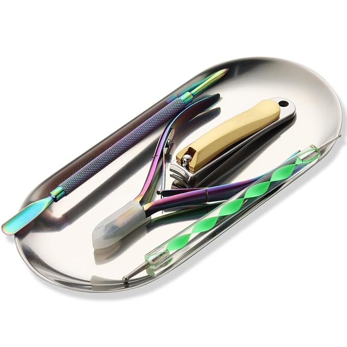 1Pcs Manicure Tools Storage Tray, Oval Stainless Steel Storage Dish Nail Art Accessory Display Tray Jewelry Rhinestone Cosmetic Nail Decorations Organizer Metal Storage Plate (Silver)