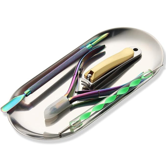 1Pcs Manicure Tools Storage Tray, Oval Stainless Steel Storage Dish Nail Art Accessory Display Tray Jewelry Rhinestone Cosmetic Nail Decorations Organizer Metal Storage Plate (Silver)