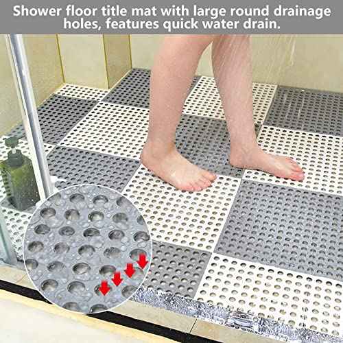 12 Pack 11.8" x 11.8" Interlocking Floor Tiles with Drain Holes Soft PVC Non Slip Shower Floor Mat Modular Interlocking Cushion Mat for Drain, Pool, Patio, Balcony, Kennel, Poultry, Floor Grid, Grey