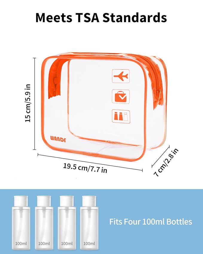 WANDF TSA Approved Toiletry Bag, 2 Packs Travel Clear Toiletry Bag, Quart Size Makeup Cosmetic Pouch with Zipper, Carry-On Airport Compliant Bag for Women and Men (2pcs Orange)