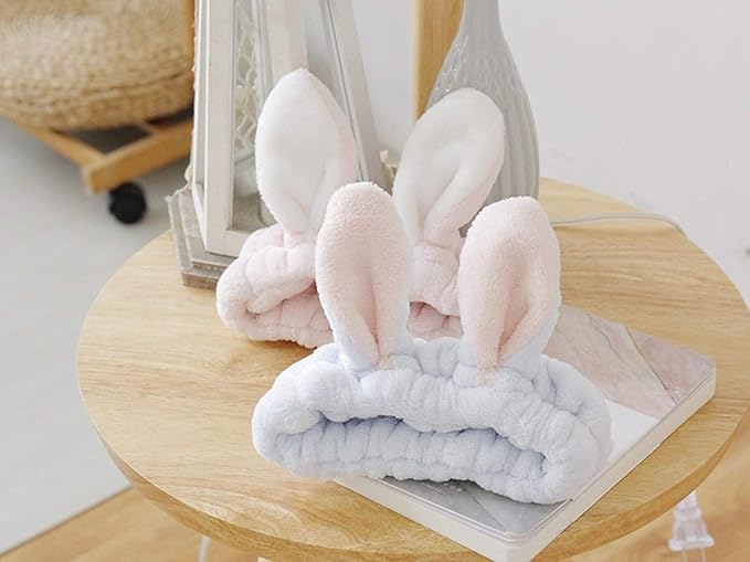 bouti1583 Women Fashion Soft Flannel Bunny Ear Makeup Cosmetic Shower Elastic Headband 2Pcs