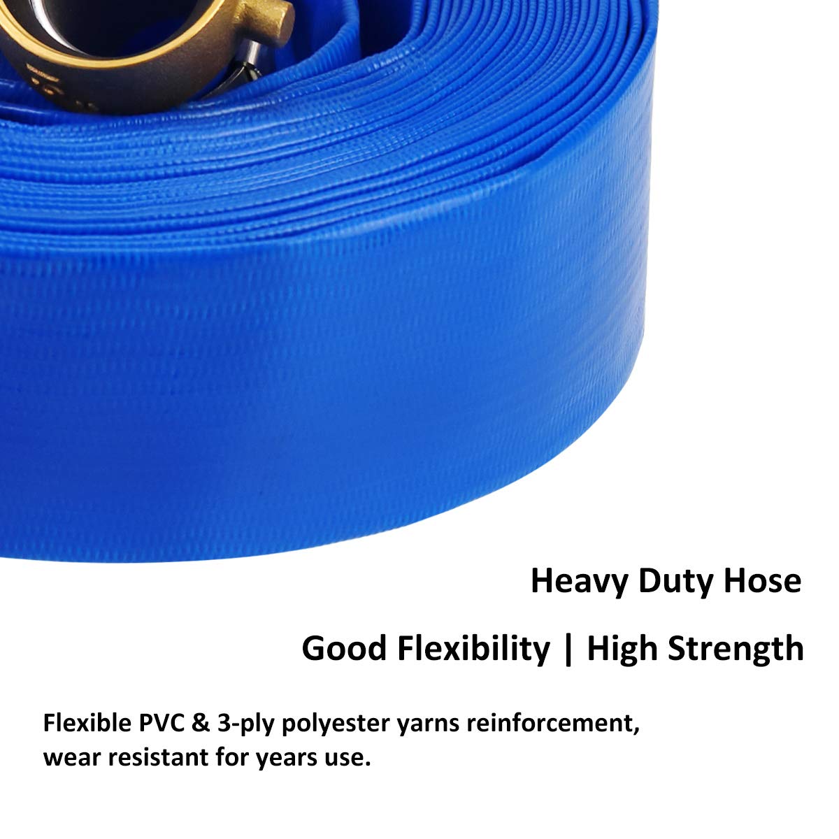 2" x 50' Blue PVC Backwash and Discharge Hose for Swimming Pools, Heavy Duty Reinforced Flat Pool Hose with Aluminum Pin Lug Fittings